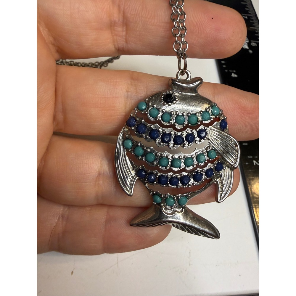 Silver Tone Fish Pendant Necklace Blue Turquoise Beaded Nautical Statement